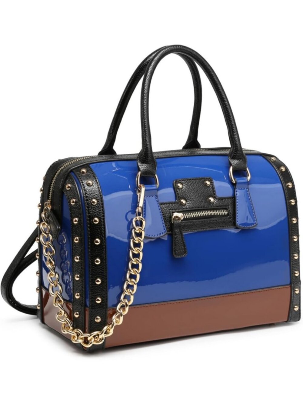 Shiny Patent Faux Leather Barrel Bag with Rivet Detail | Stylish Satchel